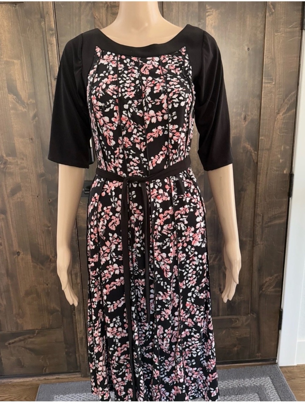 Perceptions New York Floral -Print Black Pink Midi Dress Size Small